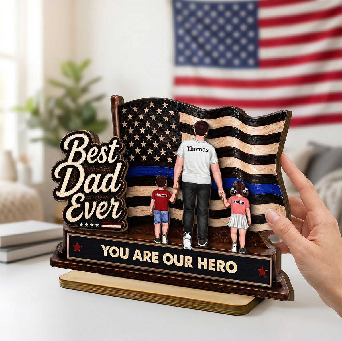 Best Dad Ever Our Hero American Flag 2D Flat - Personalized 2-Layered Wooden Plaque -  Gift For Patriotic Dad, Grandpa, Husband