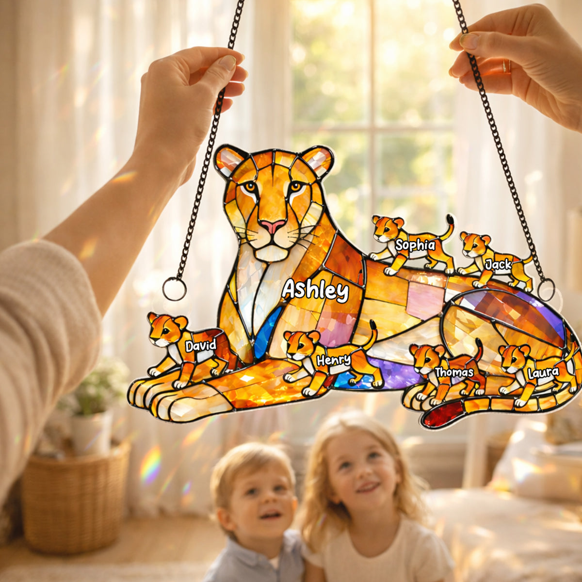 Lion Mom And Kids - Personalized Suncatcher - Gift For Mom, Grandma