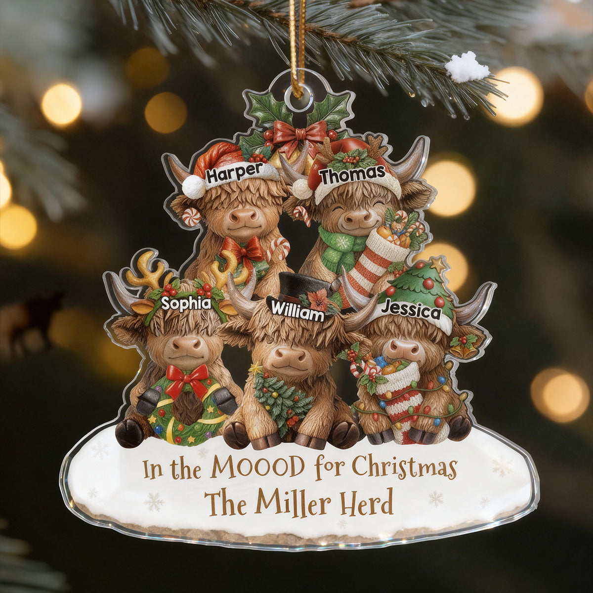 3D Effect Highland Cows Sitting Family Herd In The Moood For Christmas - Personalized Acrylic Ornament