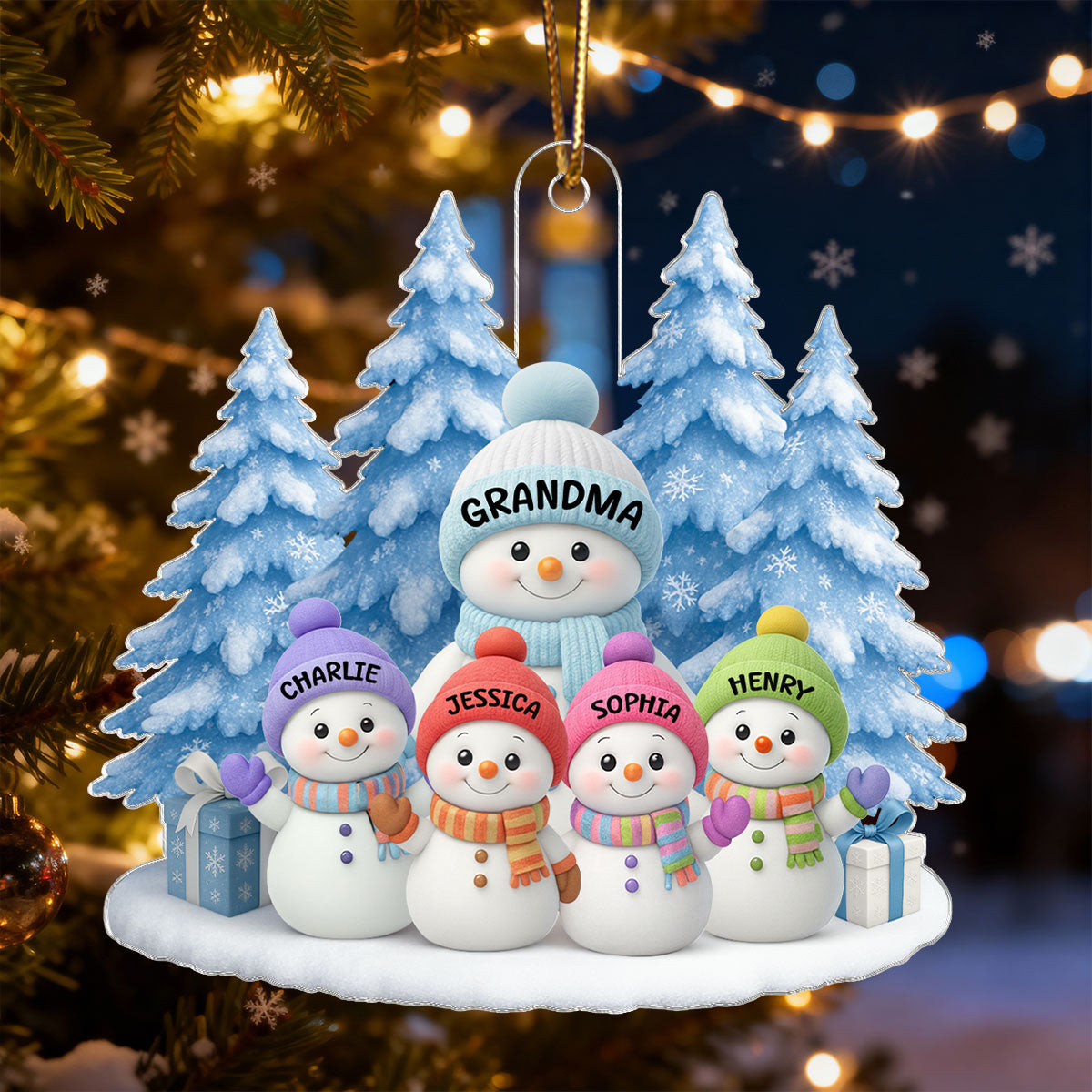 Snowman Grandma And Grandkids on Snow - Personalized Acrylic Ornament - Perfect Christmas Gift for Grandma