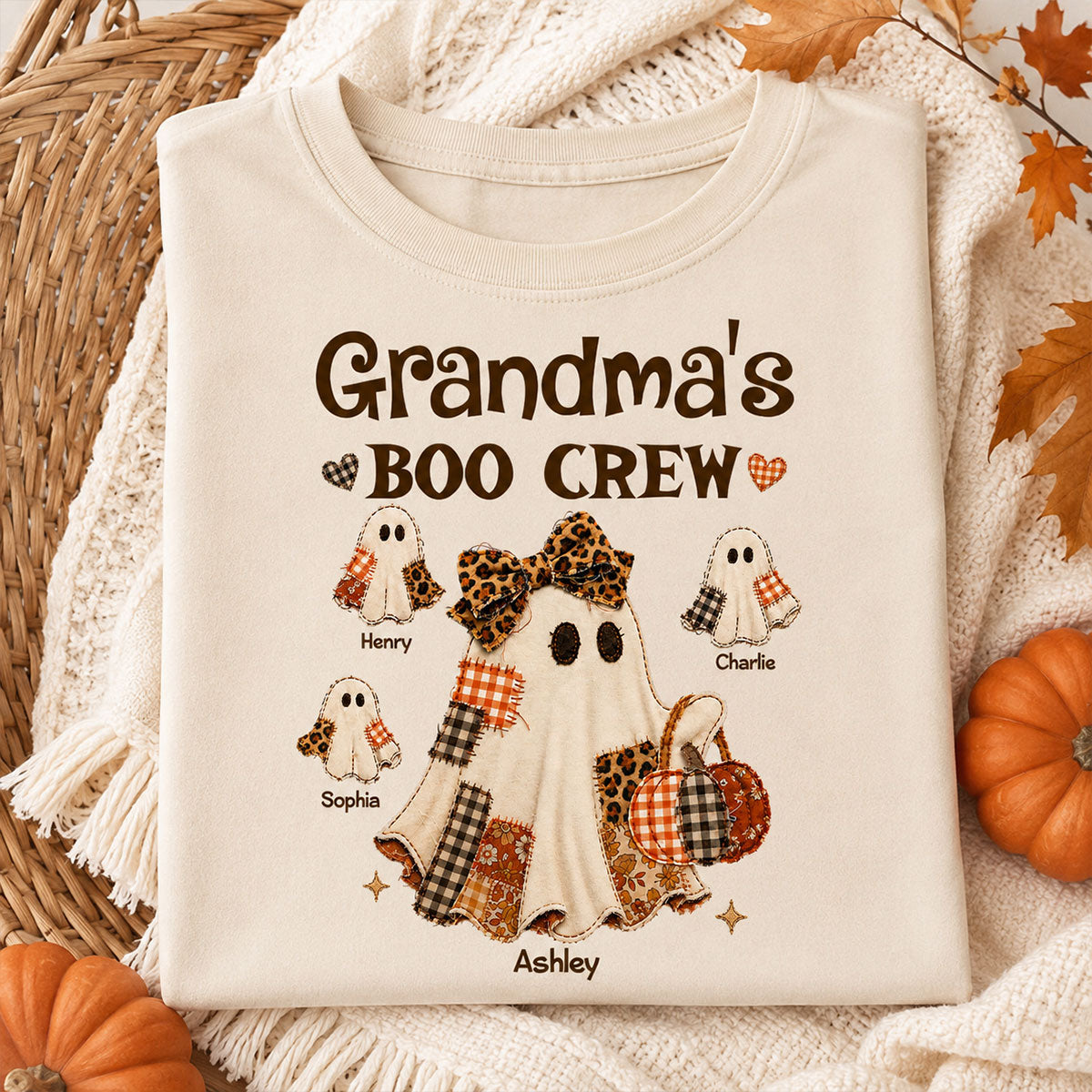 Grandma Fall Season Halloween Faux Patchwork Pattern Coquette - Personalized Shirt - Halloween Gift For Grandma