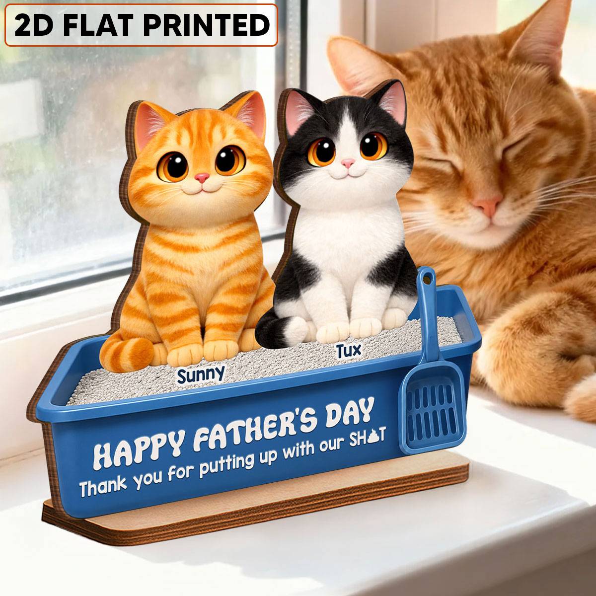 Cute Fluffy Cats Happy  Thanks For Feeding And Scooping Poo 2D Flat - Personalized 2-Layered Wooden Plaque - Funny  Gift For Cat Dad, Cat Lovers