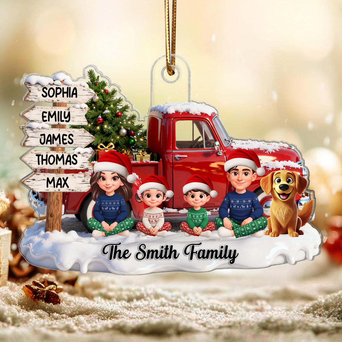 3D Effect Christmas Nostalgia Christmas Truck Sign Posts Beautiful Family Together - Personalized Acrylic Ornament - Gift For Family