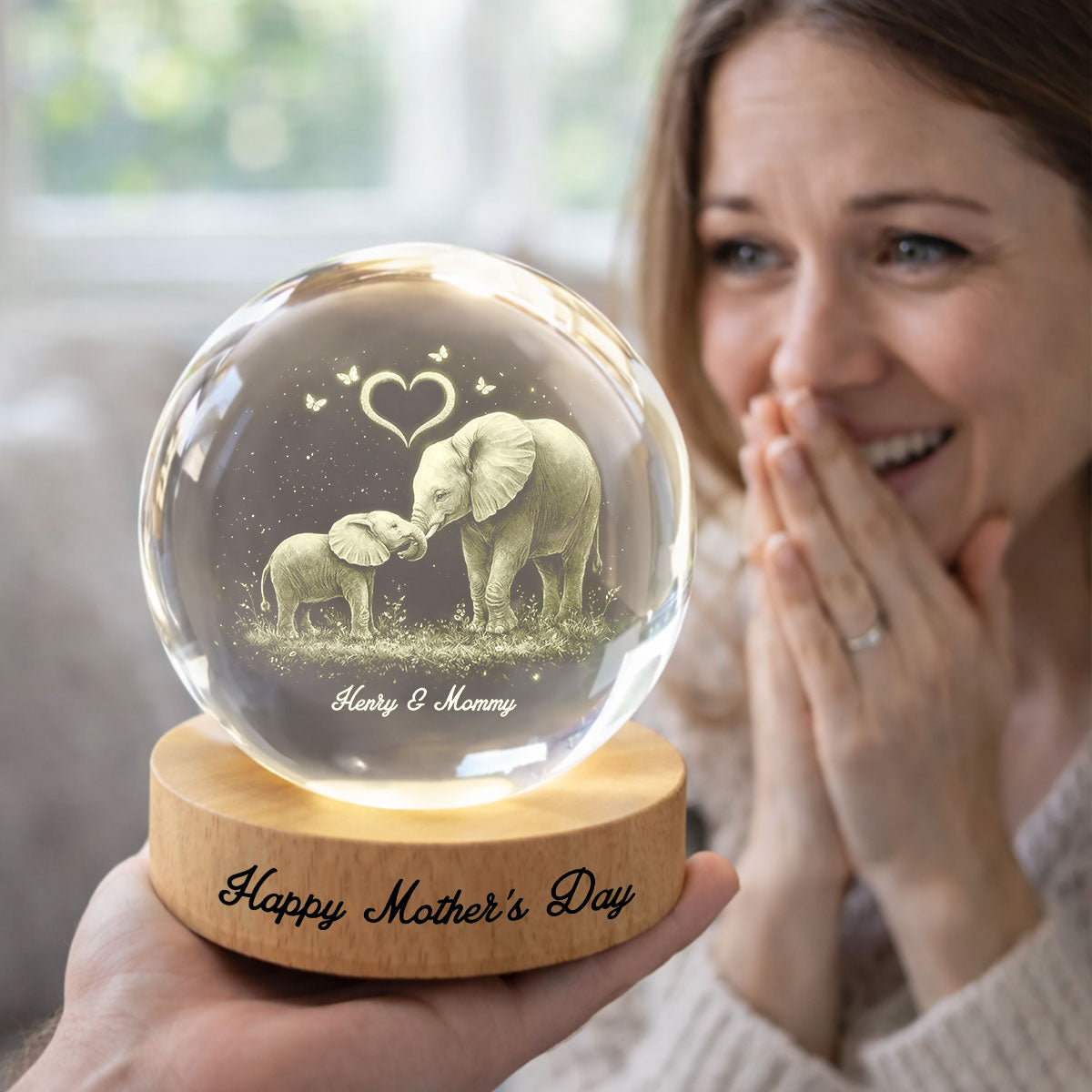 Elephant Mom and Kids - Personalized Crystal Ball LED Night Light - Heartfelt Mother's Day Gift for Mom