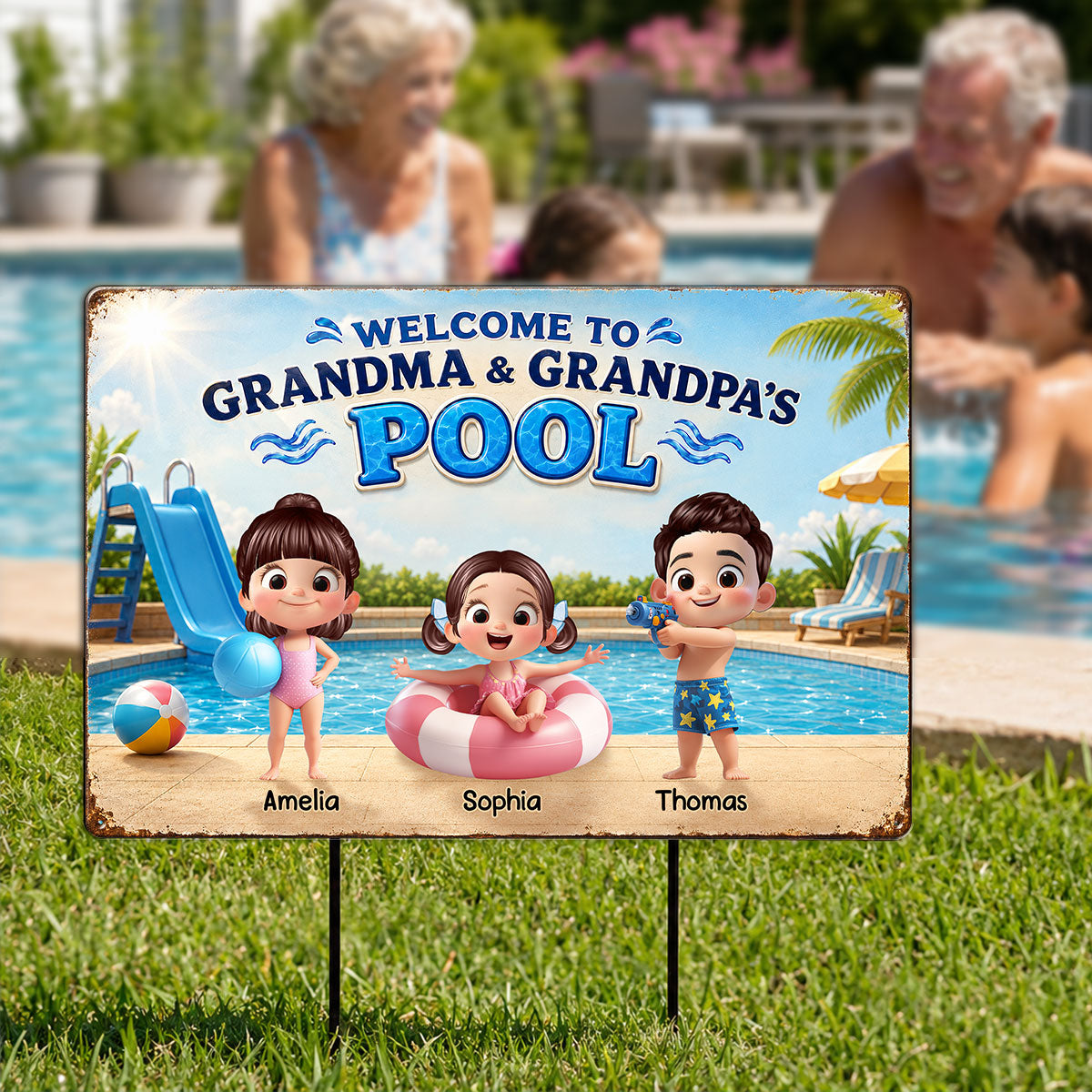 Welcome to Grandma Grandpa's Pool - Personalized Metal Sign - Summer Decor Gift for Grandparents
