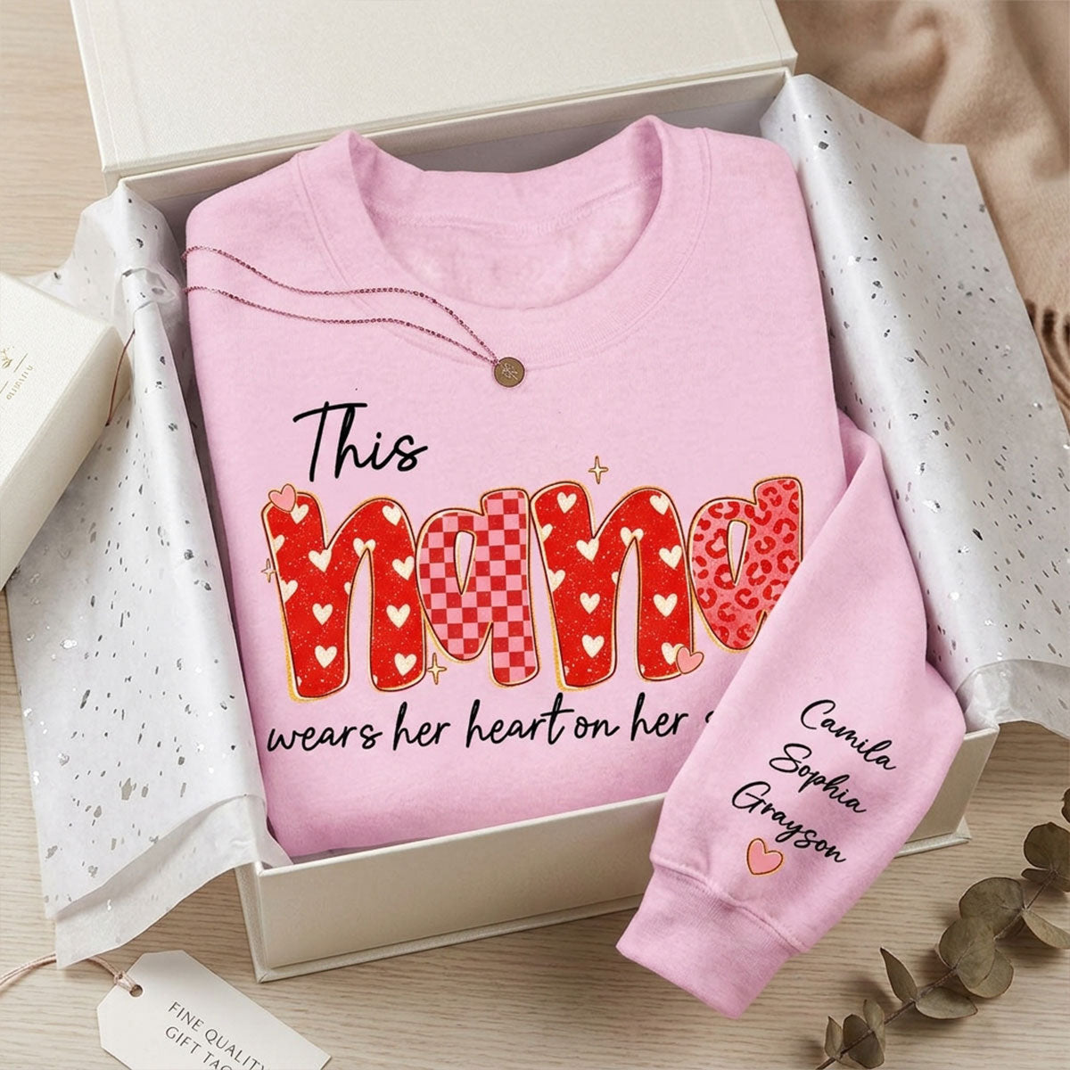 This Nana Wears Heart On Her Sleeve Preppy Pattern - Personalized Sleeve Printed Sweatshirt - Mother's Day Gift For Grandma