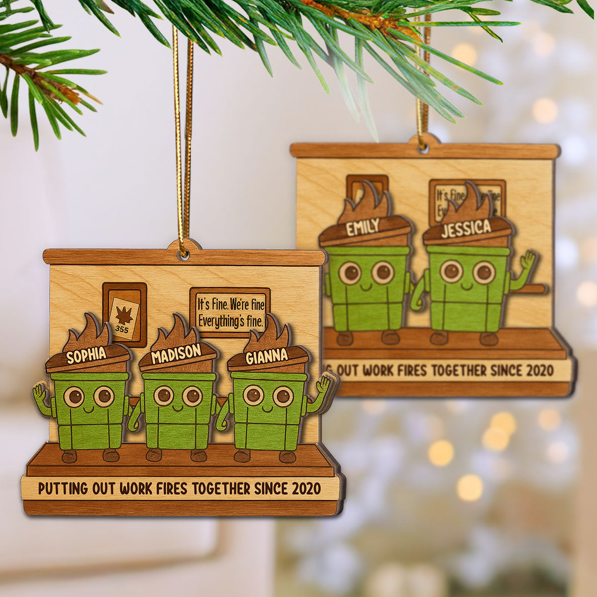 Dumpster Fires In Office Scene - Personalized Wooden Ornament - Funny Gift For Colleagues, Work Besties