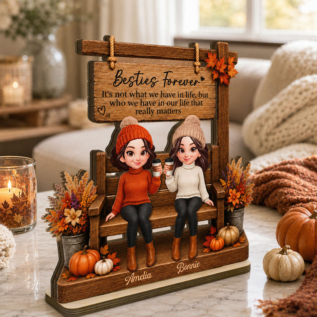 Fall Season Besties Under Sign Post 2D Flat - Personalized Wooden Plaque