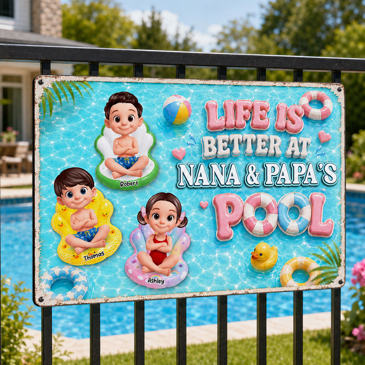 Pastel Life Is Better At Pool - Personalized Metal Sign - Gift For Grandparents, Summer Outdoor Pool, Porch, Patio, Bar Decoration