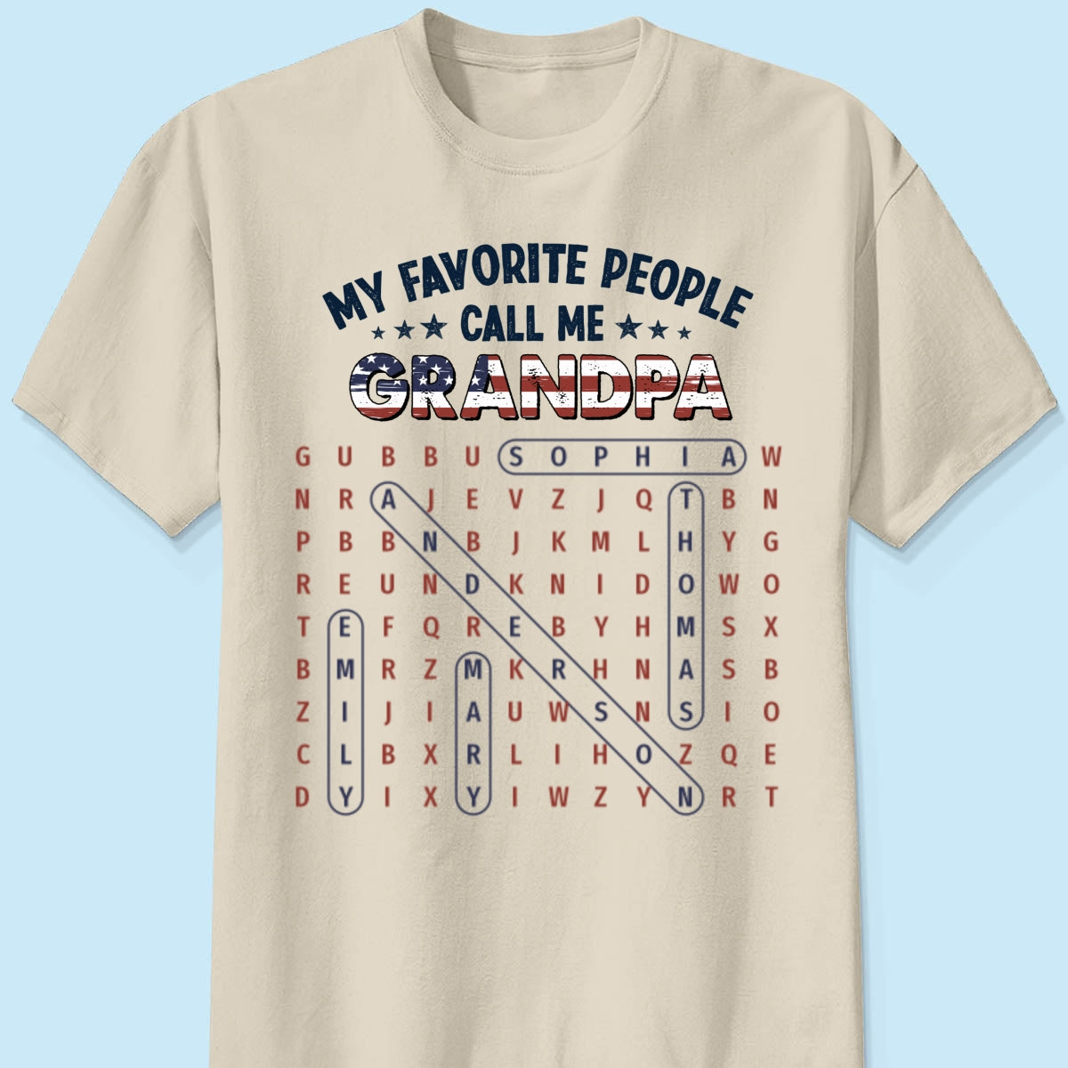 Grandpa's Favorite People Word Search Puzzle American Flag Theme - Personalized Shirt - Father's Day Gift For Grandpa, Dad