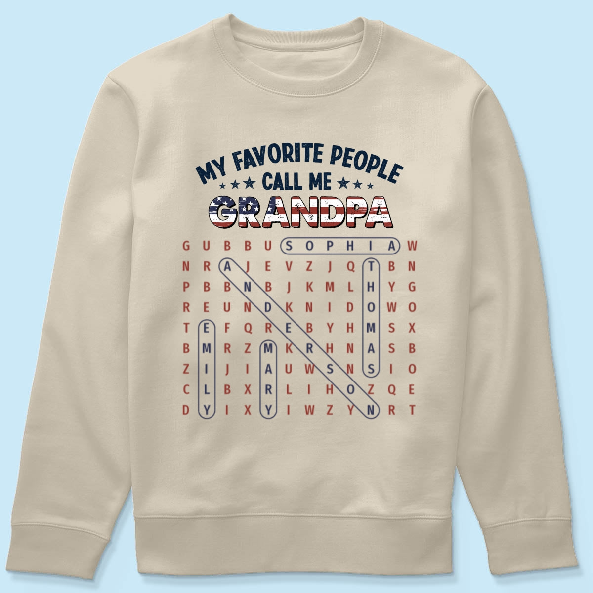 Grandpa's Favorite People Word Search Puzzle American Flag Theme - Personalized Shirt - Father's Day Gift For Grandpa, Dad