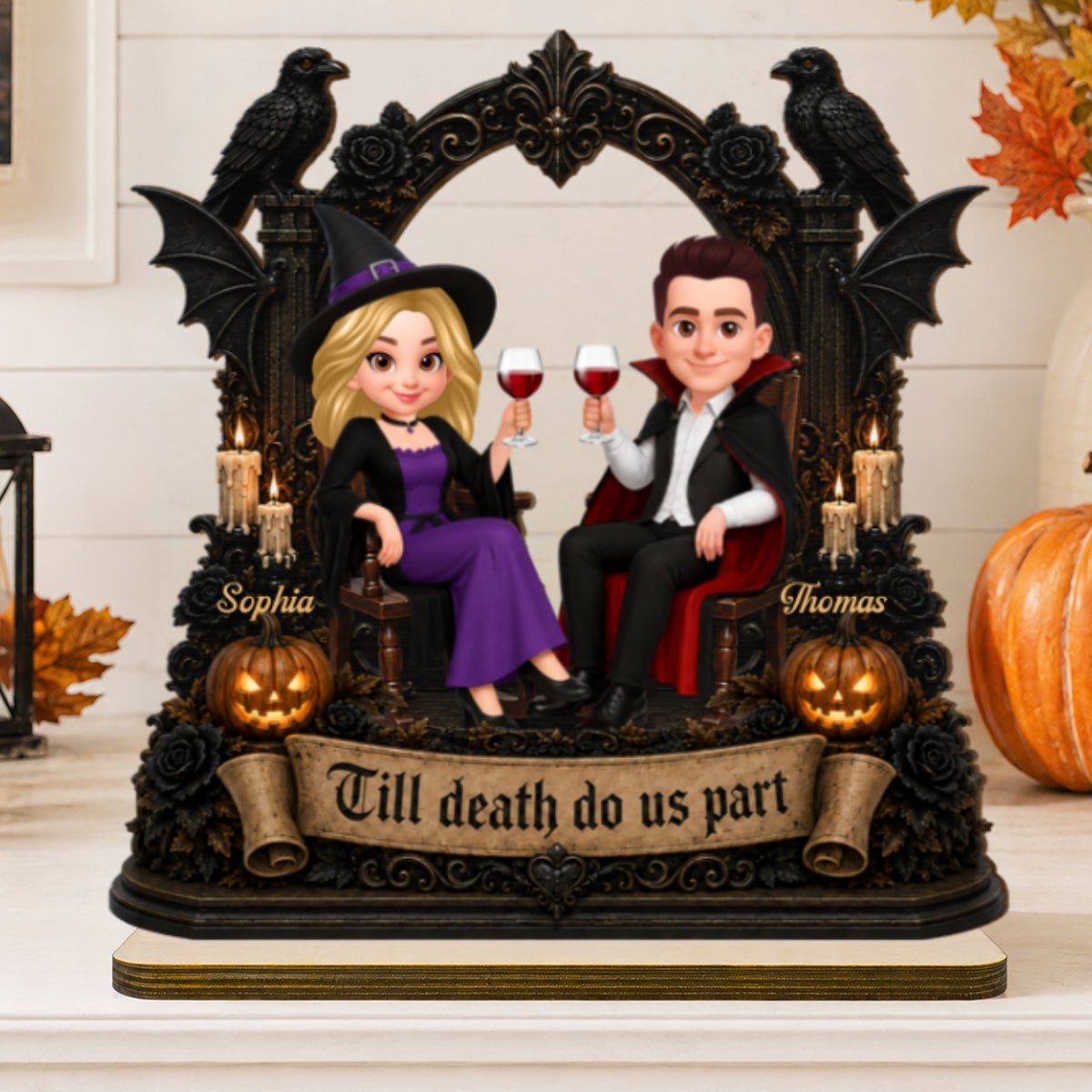 Till Death Do Us Part Halloween Couple Sitting 2D Flat - Personalized 2-Layered Wooden Plaque - Halloween Decor For Couple