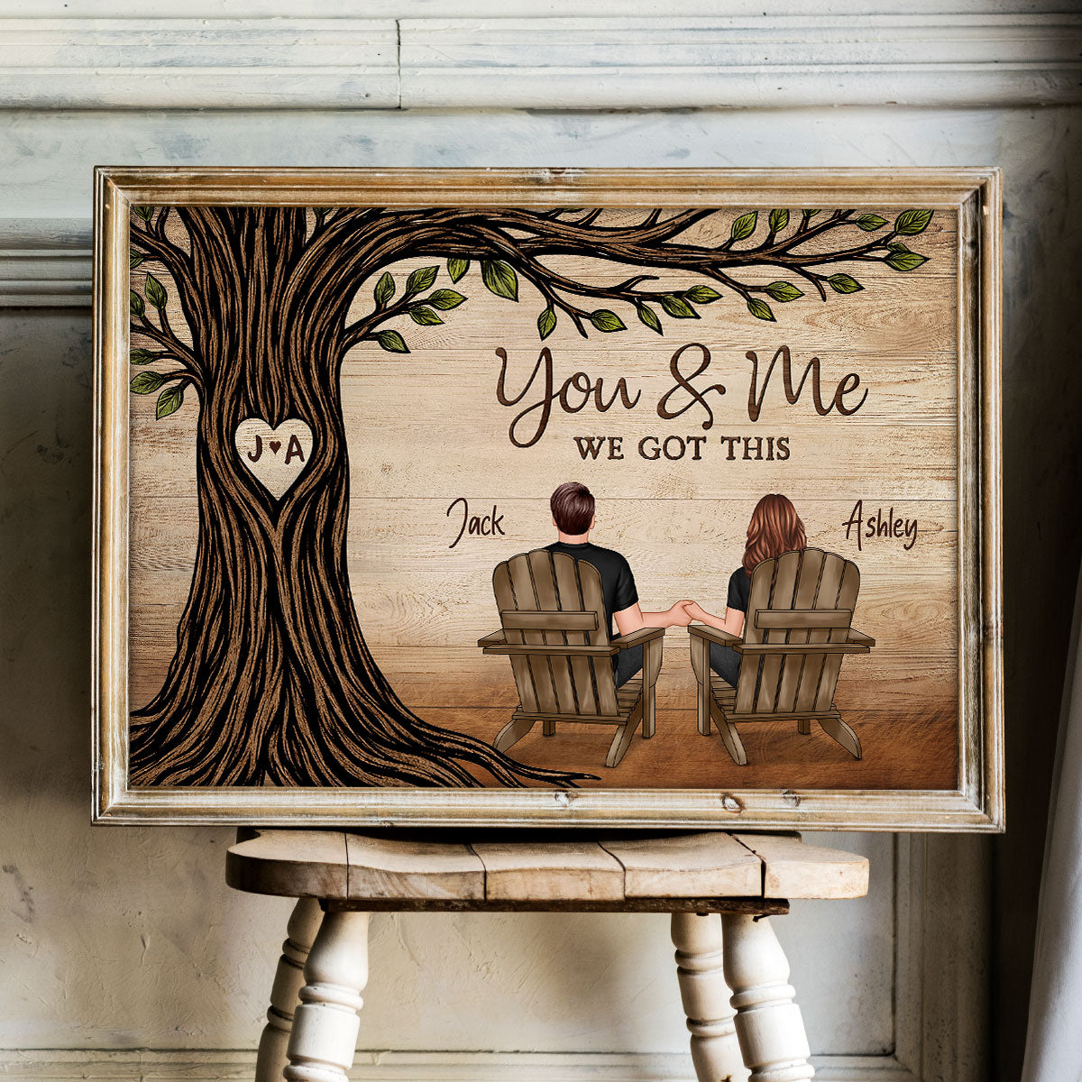 Couple Sitting Under Heart Carved Tree - Personalized Poster - Valentine's Day Gift For Couple