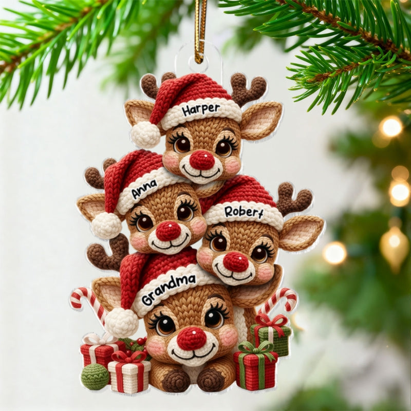 3D Effect Faux Yarn Grandma & Grandkids Reindeer Christmas - Personalized Acrylic Ornament - Gift for Grandma, Grandkids