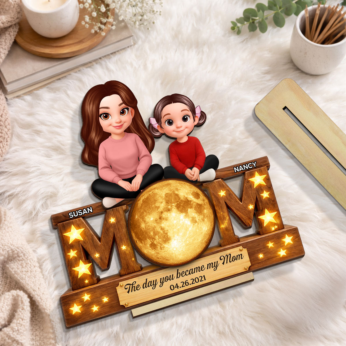 The Day You Became My Mom Custom Moon Phase - Personalized 2-Layered Wooden Plaque - Heartfelt Gift For Mom, Grandma