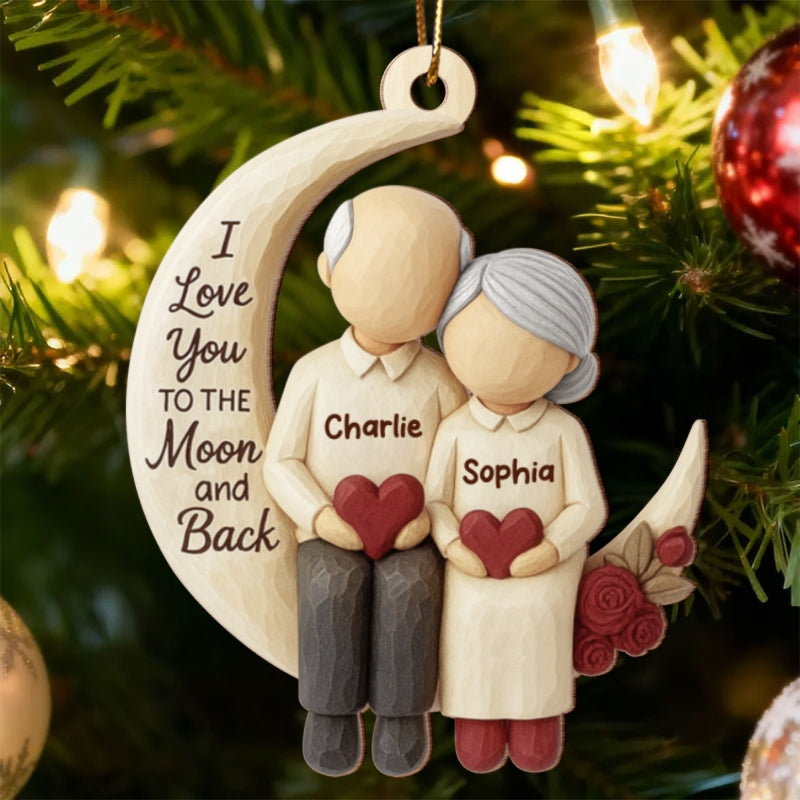 Old Couple Sitting on Moon - Personalized Wooden Ornament - Christmas Gift for him, Gift for her
