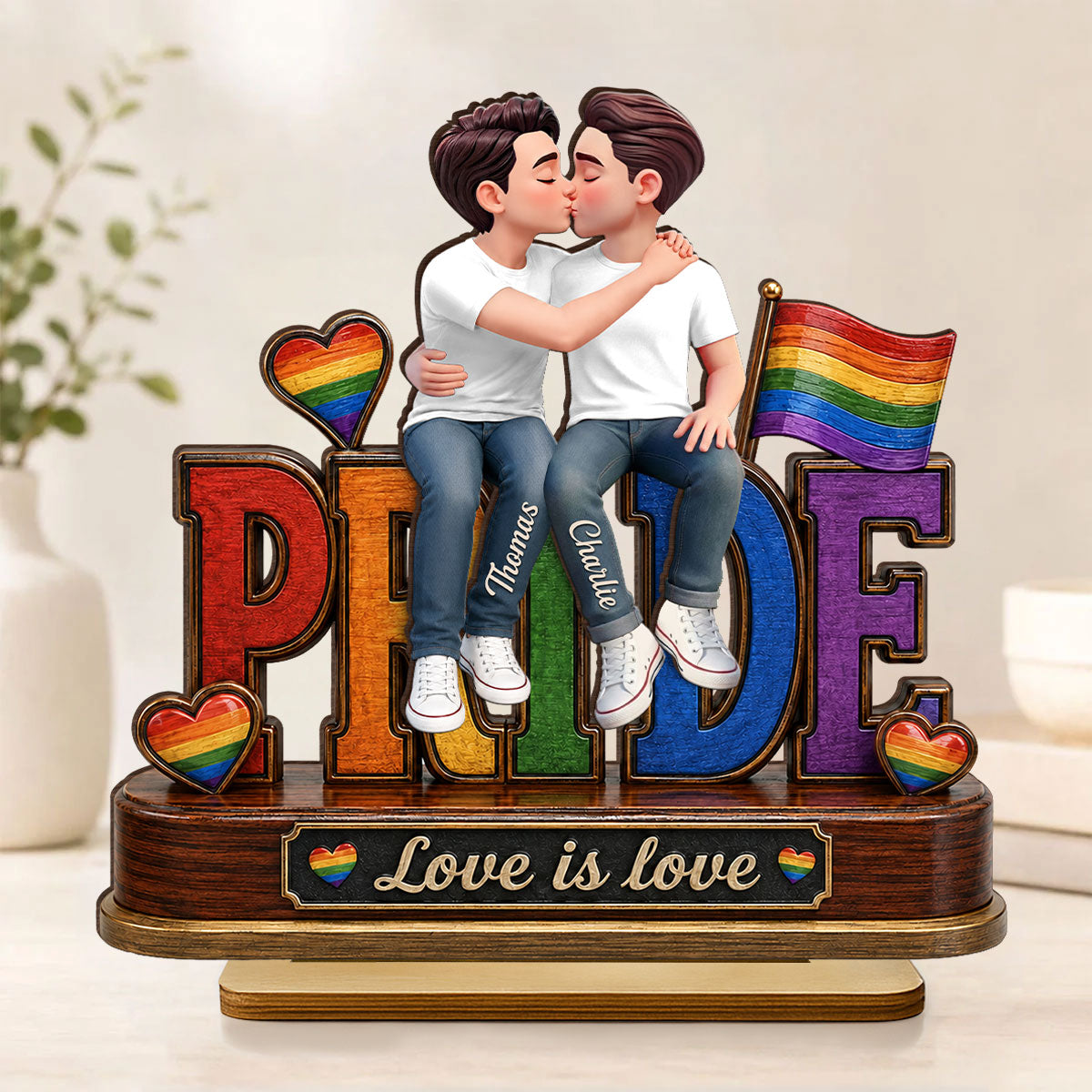 LGBT Couple Pride Love is Love - Personalized 2-Layered Wooden Plaque - Heartfelt Gift for Her, Gift for Him