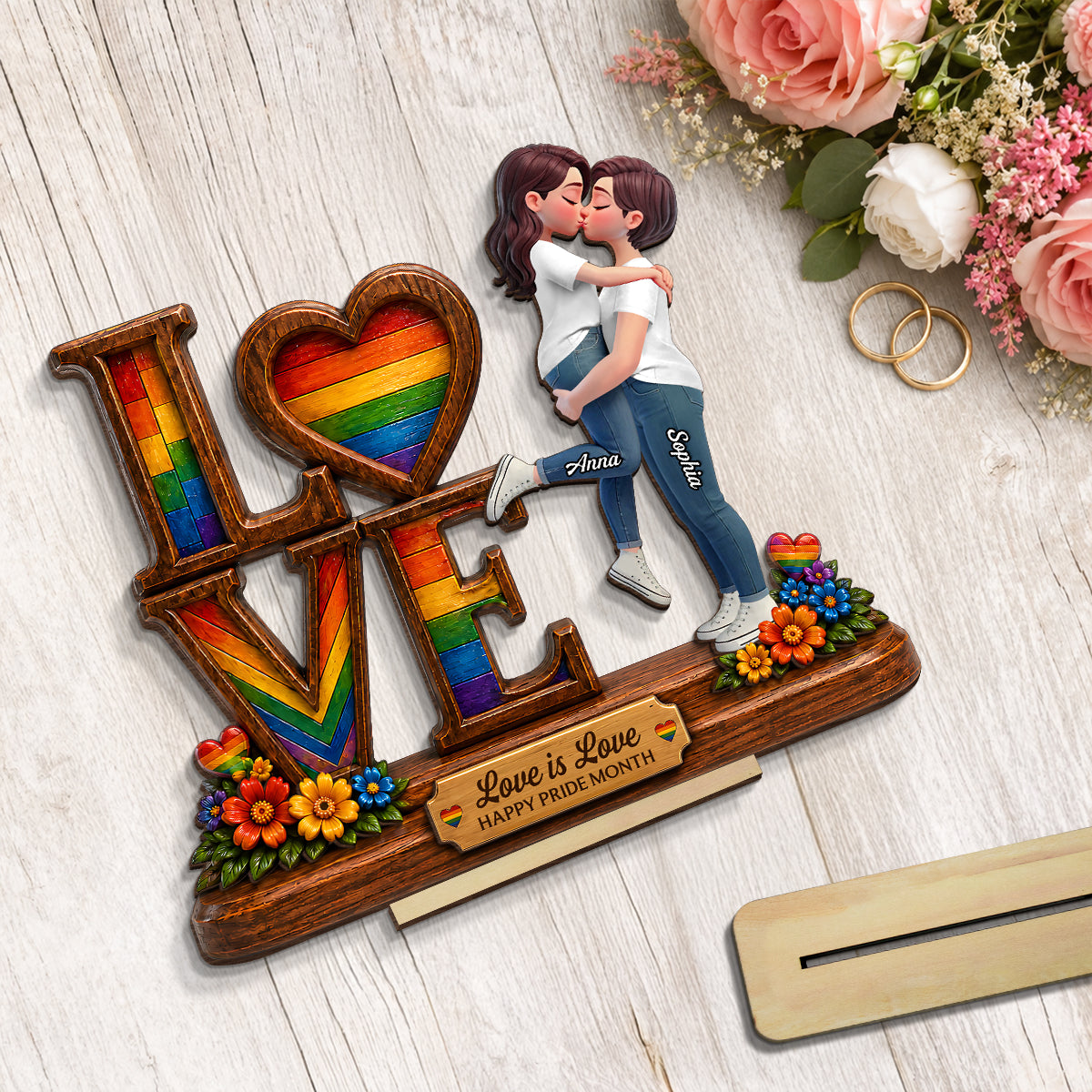 Pride Month Romantic Kissing Couple - Personalized 2-Layered Wooden Plaque - Gift For Couple, Happy Pride Month