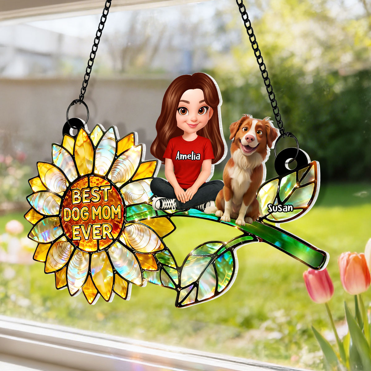 Sunflower Dog Mom and Dogs Sitting - Personalized Window Hanging Suncatcher - Mother's Day Gift for Mom, Wife