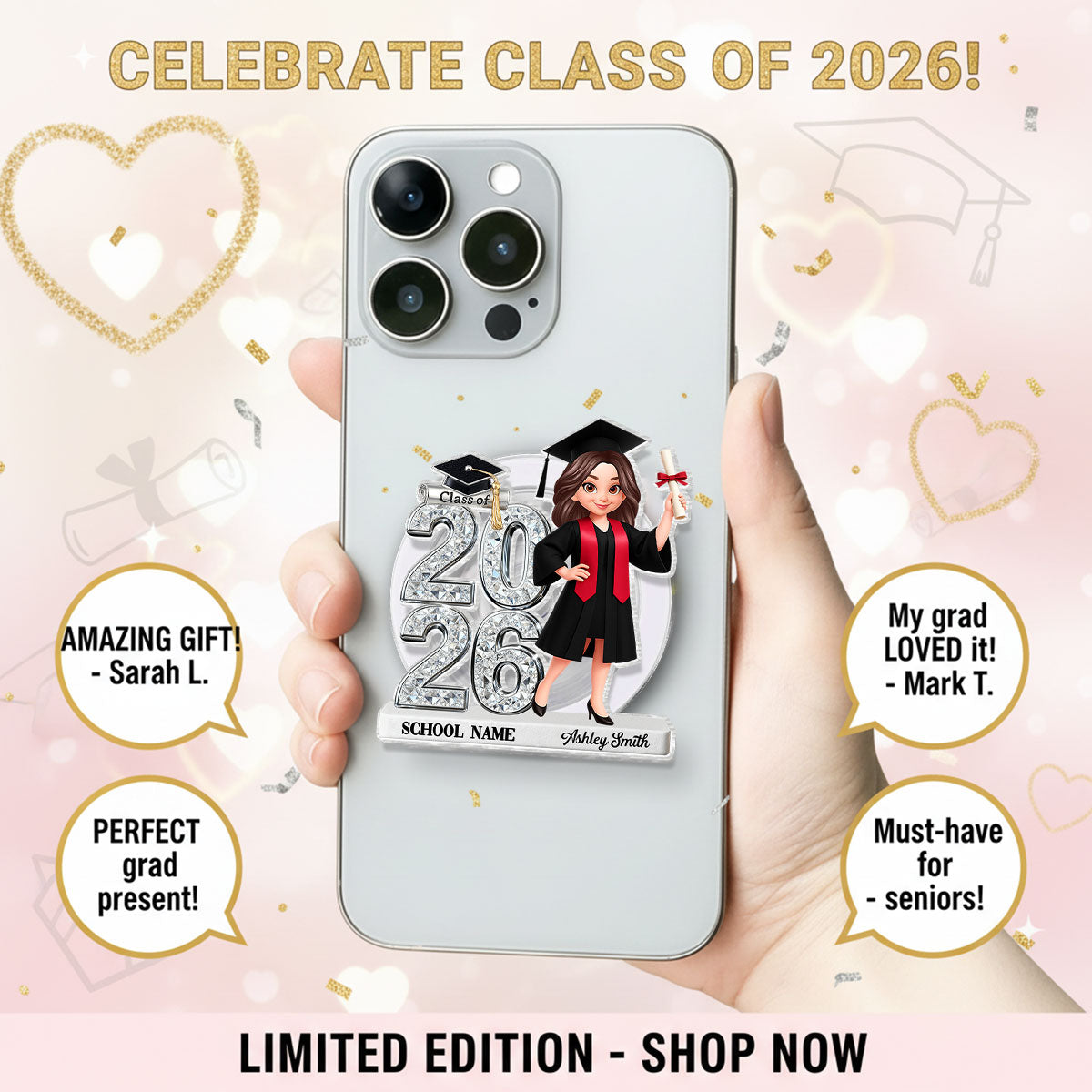 3D Shiny Effect Class Of 2026 2027 Senior - Personalized Acrylic Magnetic Phone Grip - Gift For Graduates, Daughter, Son