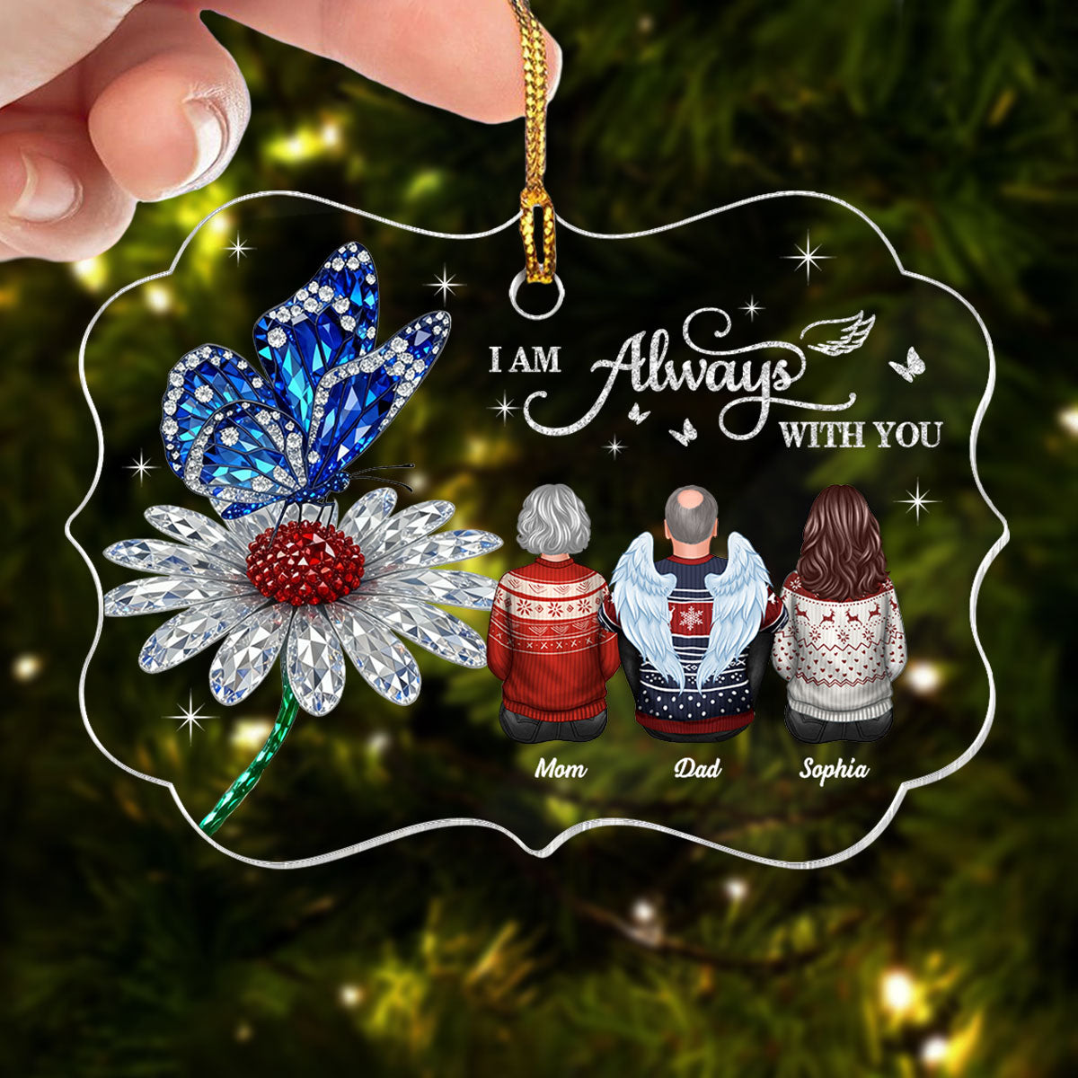 3D Crystal Effect Daisy Butterfly Always With You Family Memorial - Personalized Acrylic Ornament - Remembrance Gift, Sympathy Gift