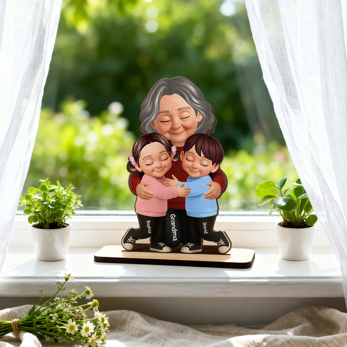 Grandma Hugging Grandkids - Personalized 2-Layered Wooden Plaque - Heartfelt Gift for Grandma