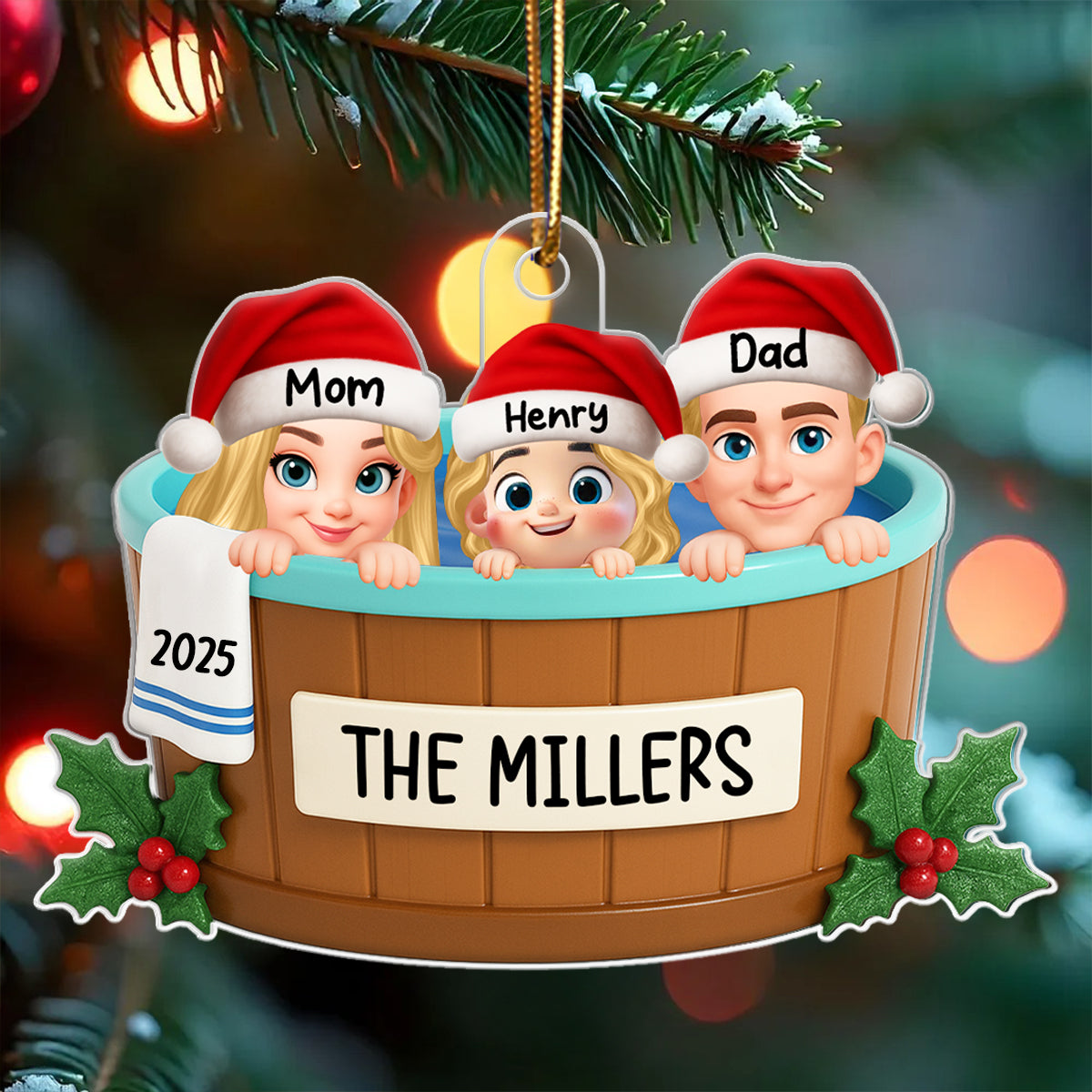 Family Hot Tub Jacuzzi - Personalized Acrylic Ornament - 2025 Christmas Family Ornament