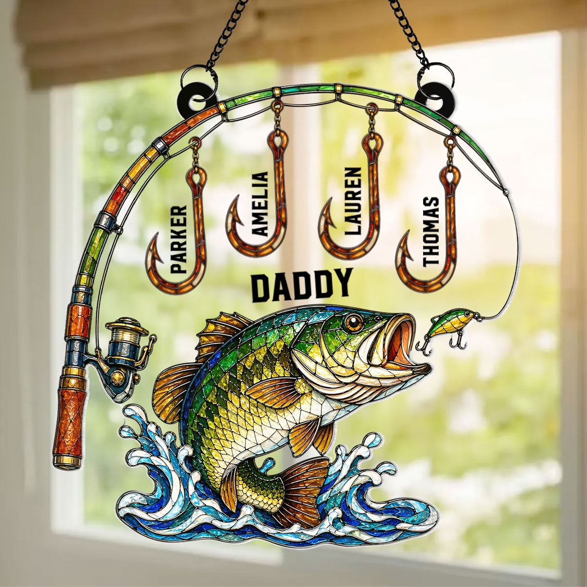 Fishing Daddy With Kids Names - Personalized Suncatcher - Heartfelt Gift For Fishing Dad, Gift For Husband
