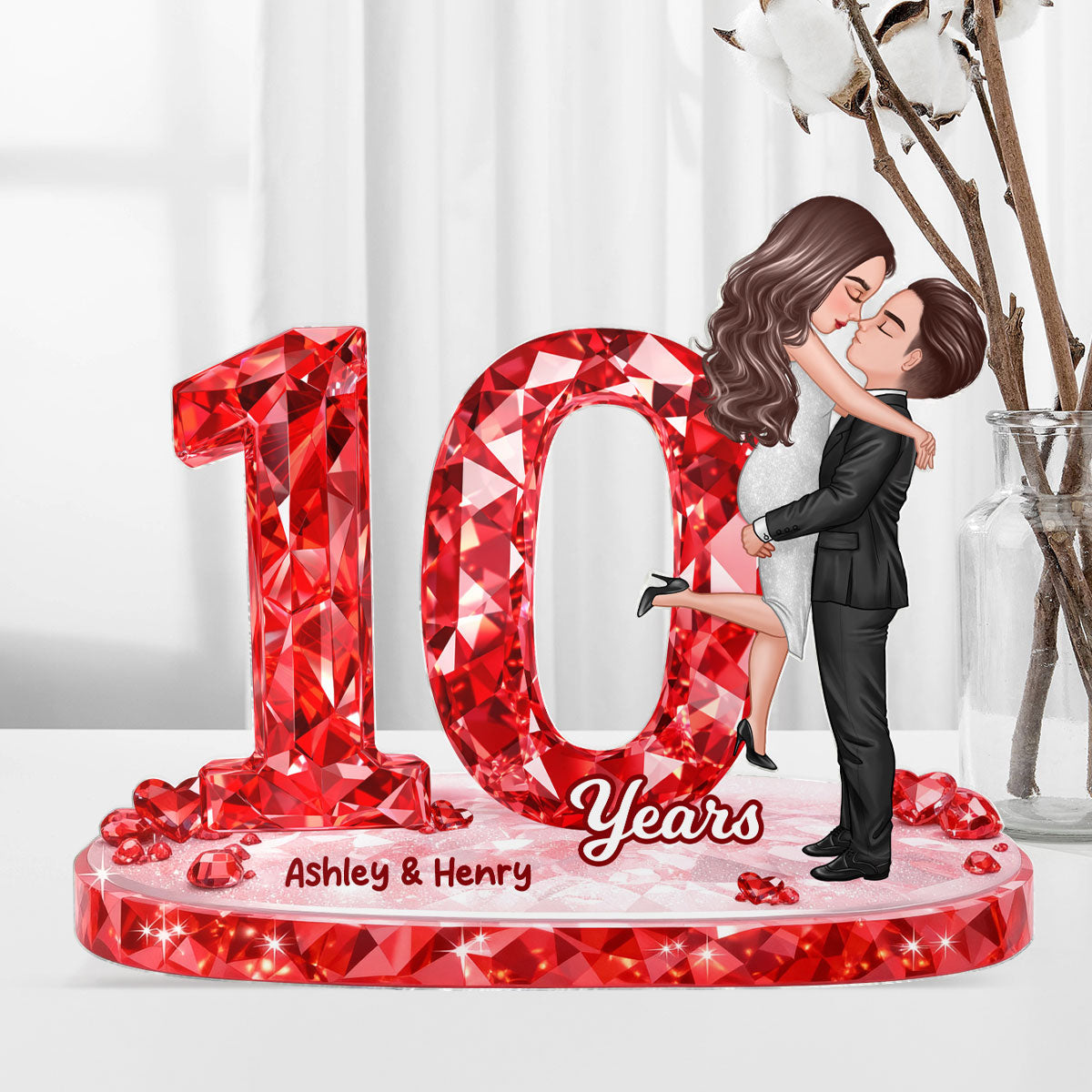 Couple Hugging Kissing Anniversary Date 3D Crystal Effect - Personalized Acrylic Block Plaque - Sentimental Gift for Her, Gift for Him
