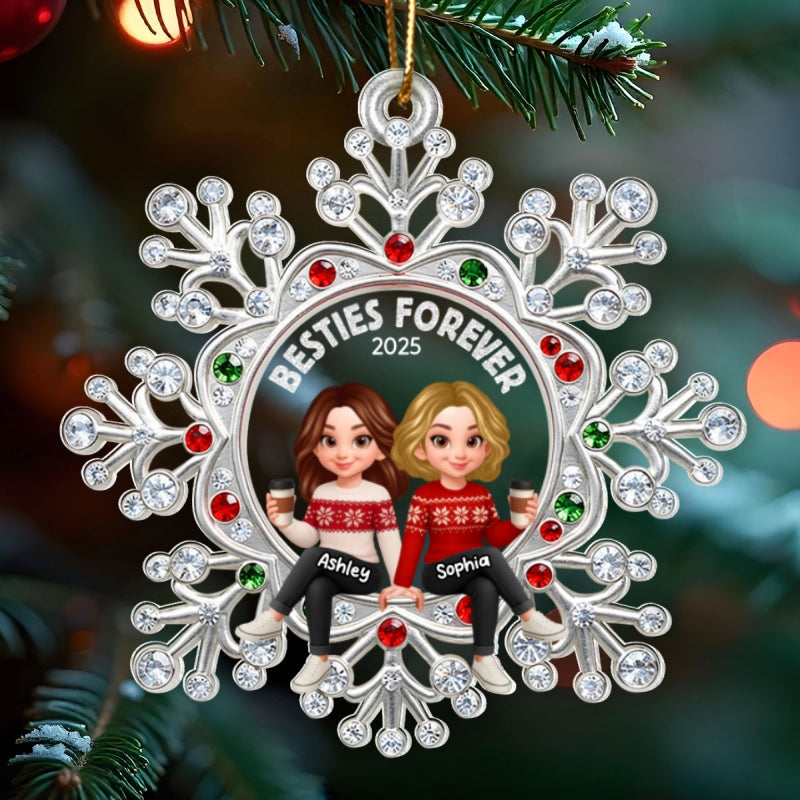 Besties Sitting on Snowflake - Personalized Acrylic Ornament - Christmas GIft for Besties