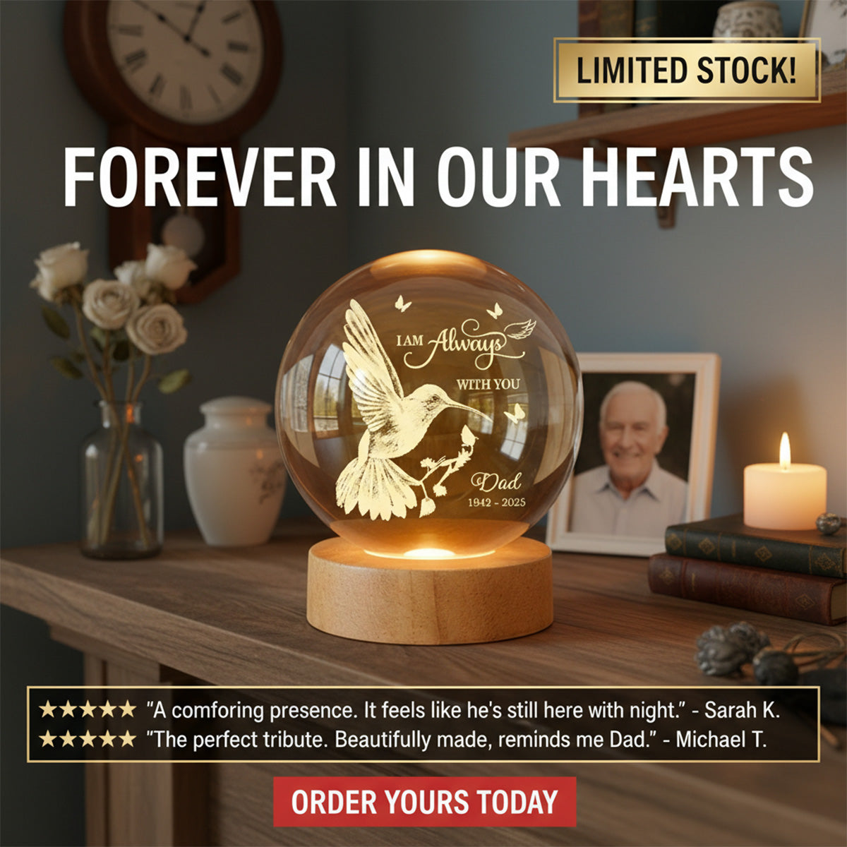 Always With You Hummingbird - Personalized Crystal Ball LED Night Light - Memorial Remembrance Keepsake