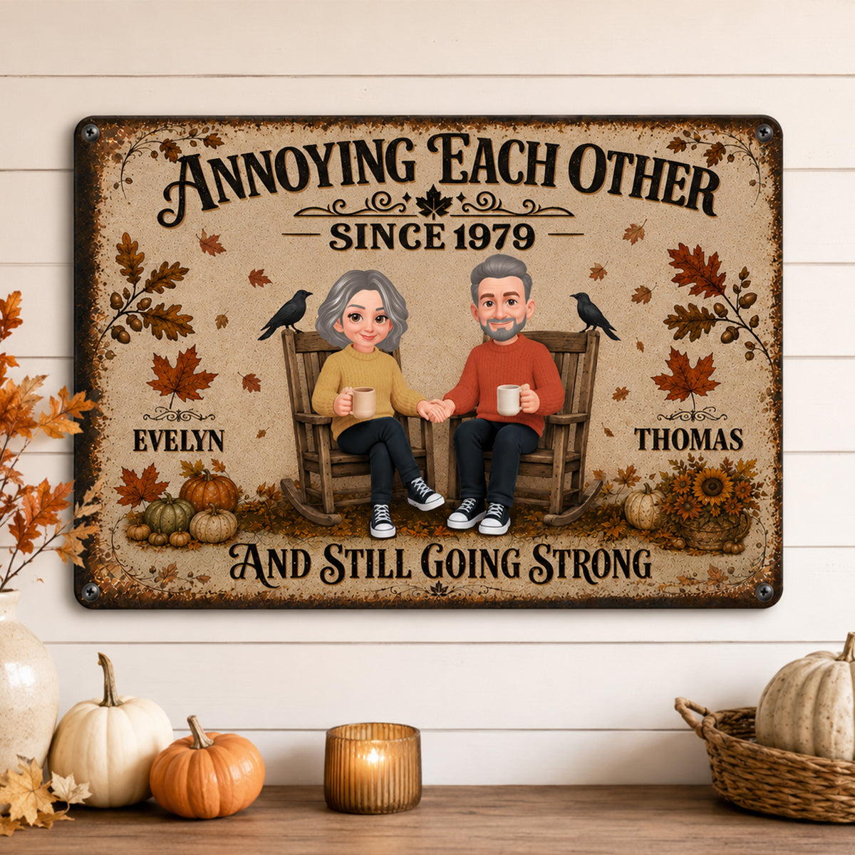 Retro Couple Annoying Each Other - Personalized Metal Sign - Fall Decor, Anniversary Gift for Her, Gift for Him