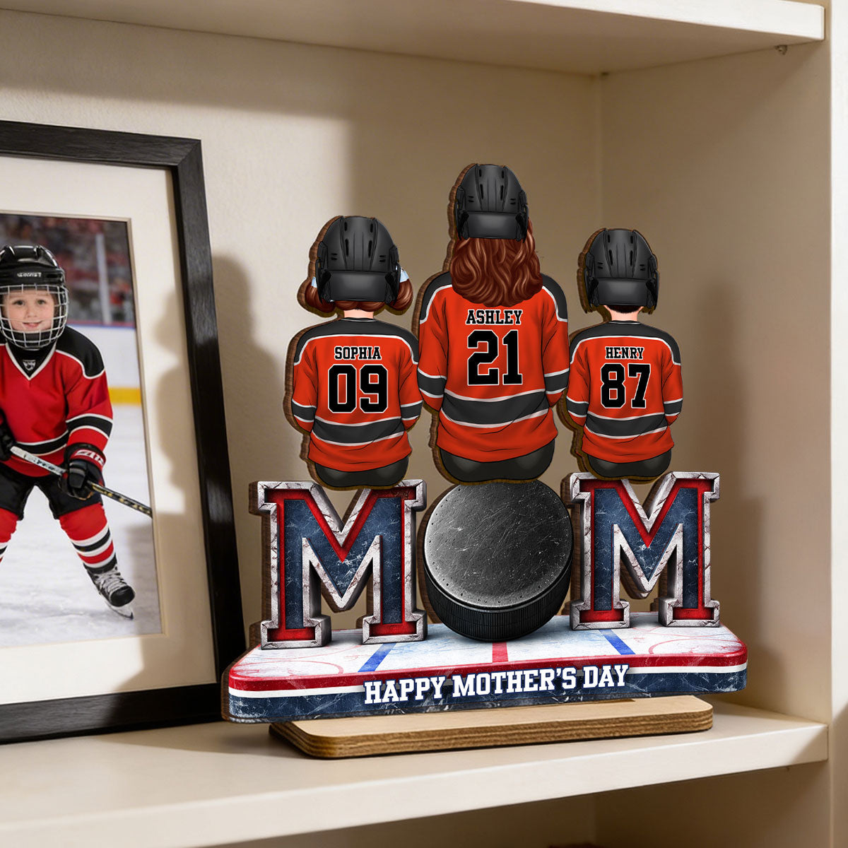 Hockey Mom And Kids Sitting Together - Personalized 2-Layered Wooden Plaque - Mother's Day Gift For Hockey Mom
