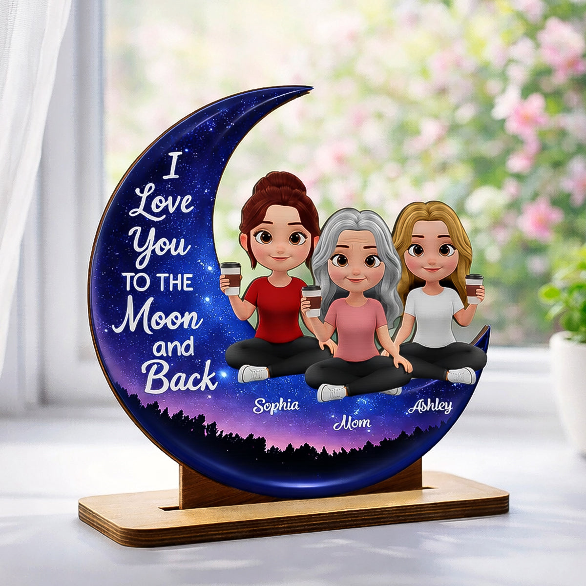 Mom And Daughters Love You To The Moon And Back - Personalized 2-Layered Wooden Plaque - Heartfelt Gift For Mom, Grandma