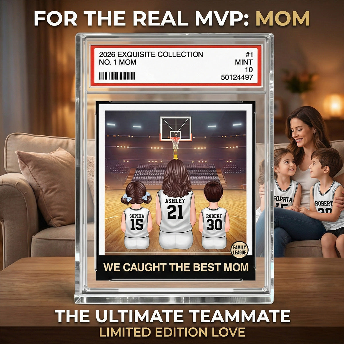 Basketball Mommy's Dream Team No. 1 Mom & Kids Sitting Trading Card Style - Personalized Acrylic Block Plaque