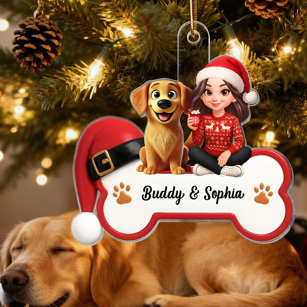 3D Effect Christmas Dog Bone Girl And Dog - Personalized Acrylic Ornament - Gift For Dog Lovers