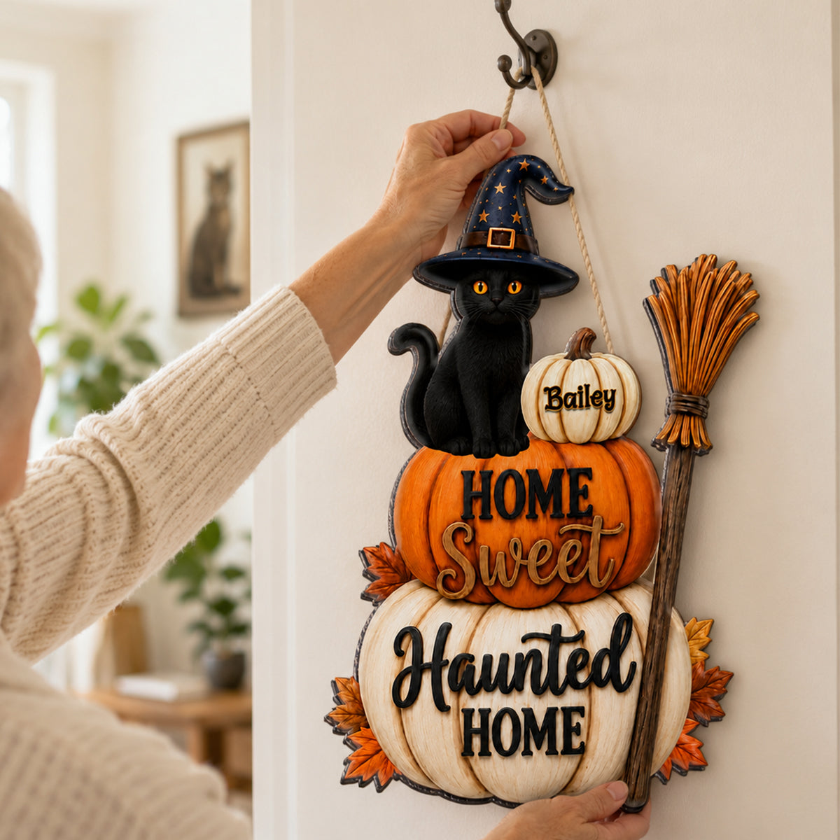 Home Sweet Haunted Home Cat - Personalized Wood Sign - Halloween Decor Gift, Gift For Cat Lovers