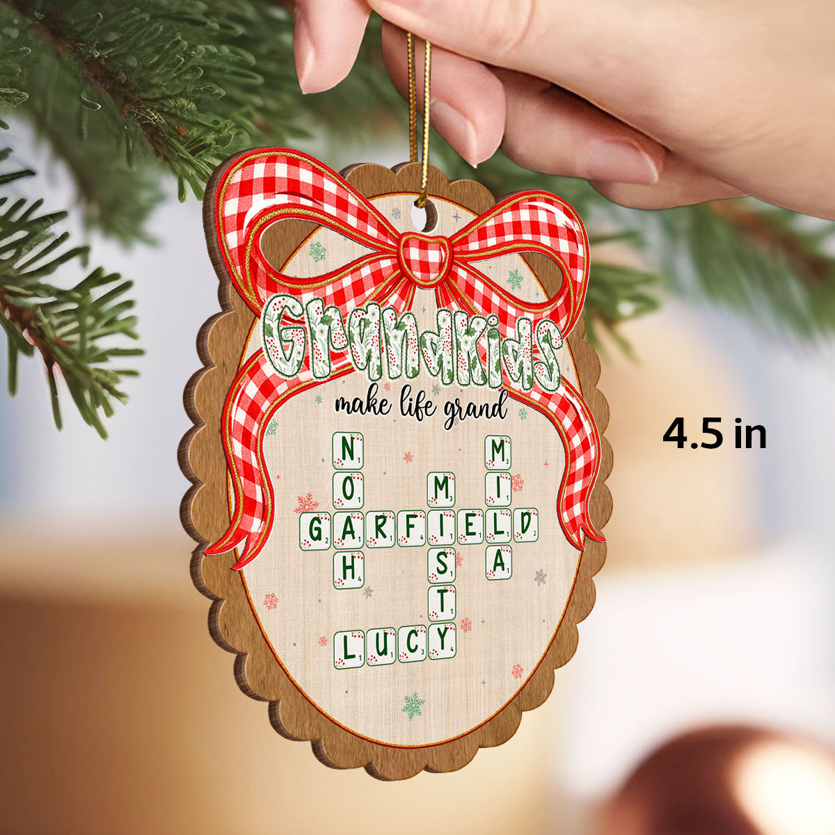 Grandkids Make Life Grand Coquette Floral Christmas Pattern Crossword Puzzle Art - Personalized Wooden Ornament