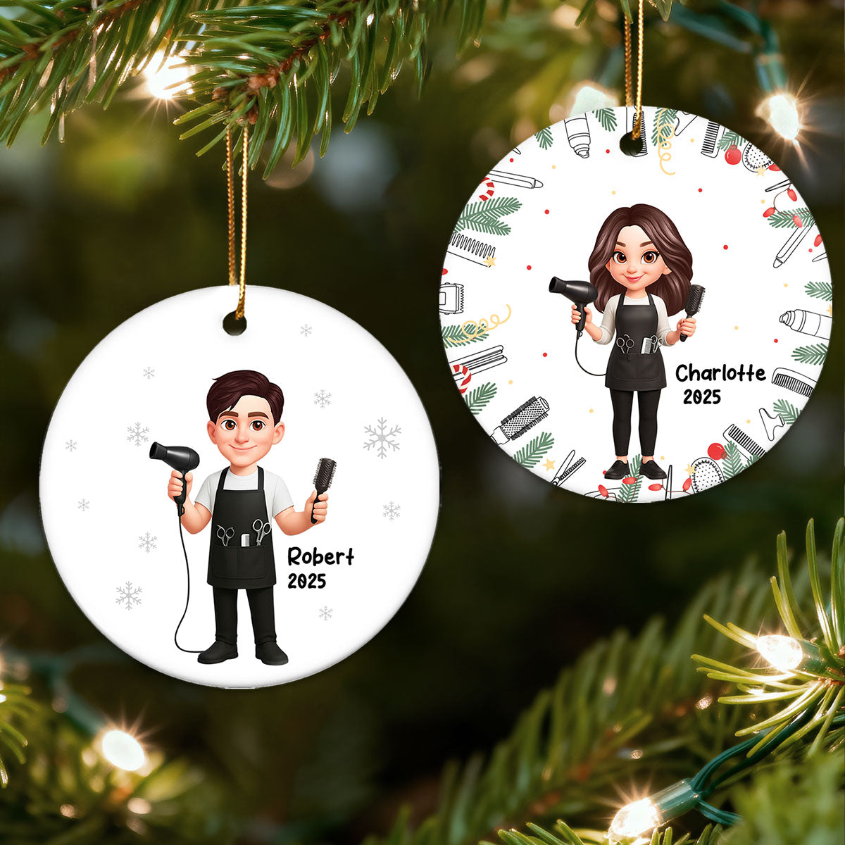 Christmas Hairdresser Man Woman - Personalized Ceramic Ornament - Gift For Hairdressers