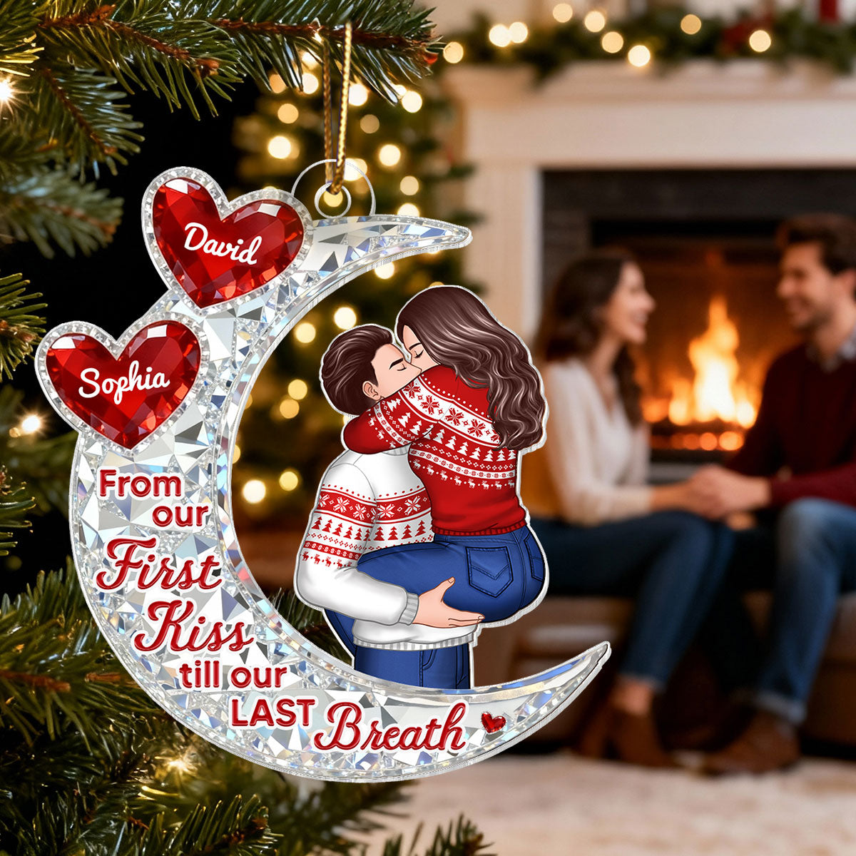 3D Effect Flat Moon Couple Hugging Kissing - Personalized Acrylic Ornament - Gift For Couple, Gift For Him, For Her