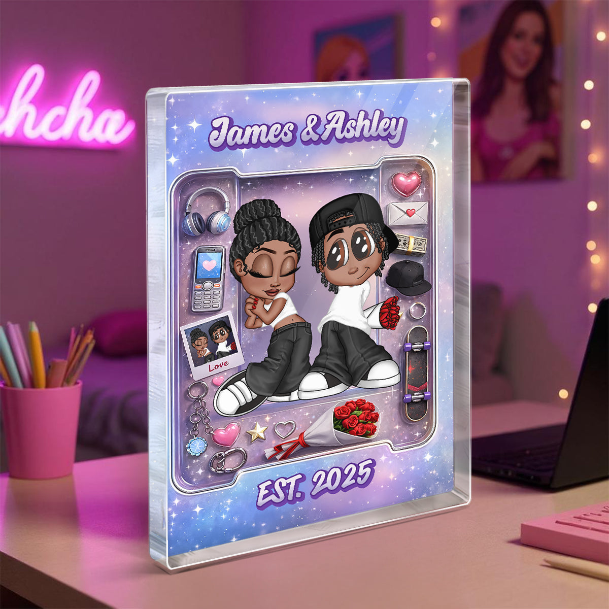 Y2K Couple Pink Toy Box With Accessories - Personalized Acrylic Block - Gift for Couple