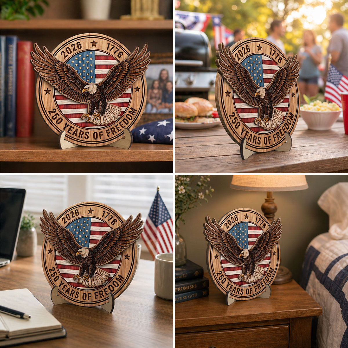 United States 250th Anniversary Eagle & American Flag - Personalized 2-Layered Wooden Plaque - America 250th Anniversary Emblem American Patriot Home Decor