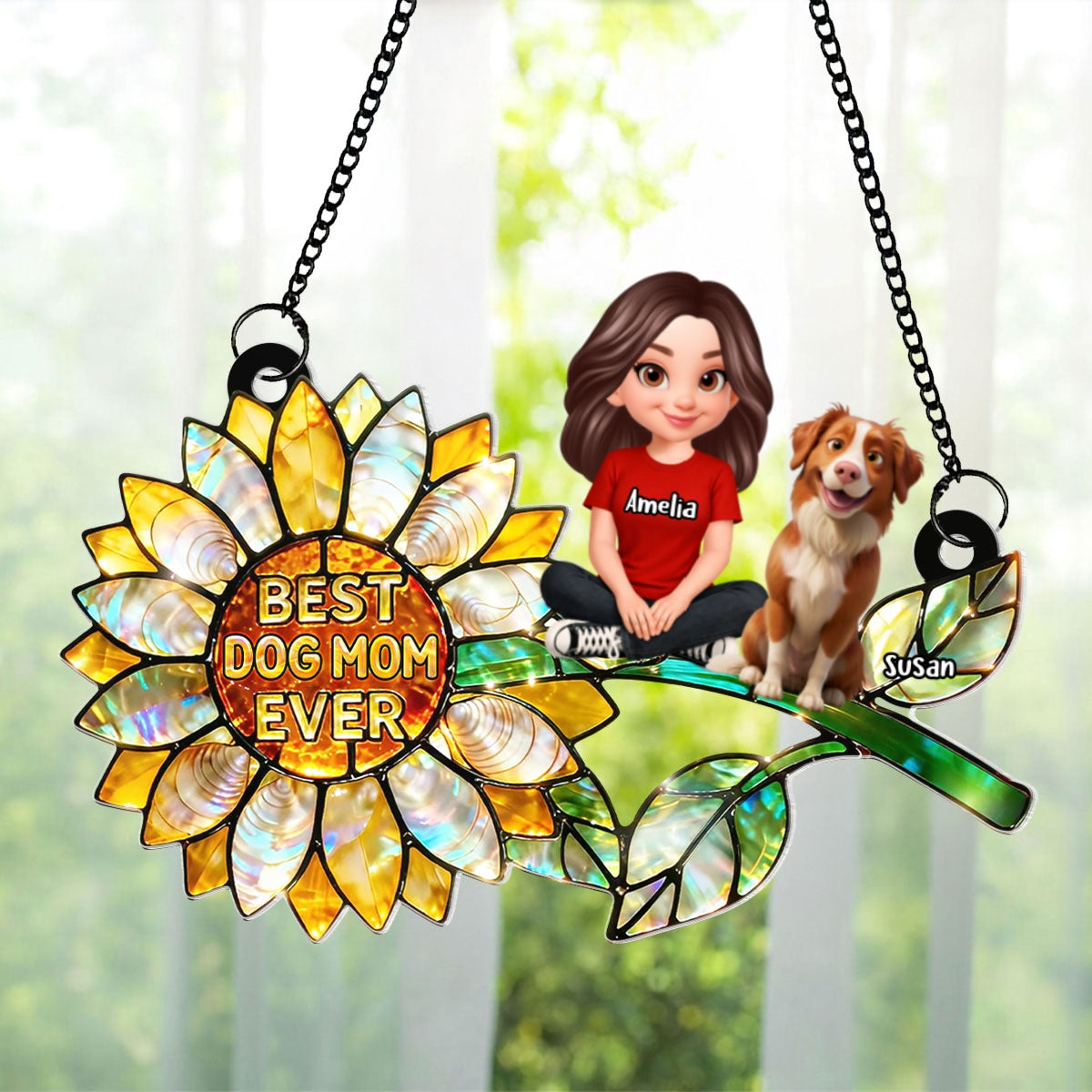 Sunflower Dog Mom and Dogs Sitting - Personalized Window Hanging Suncatcher - Mother's Day Gift for Mom, Wife