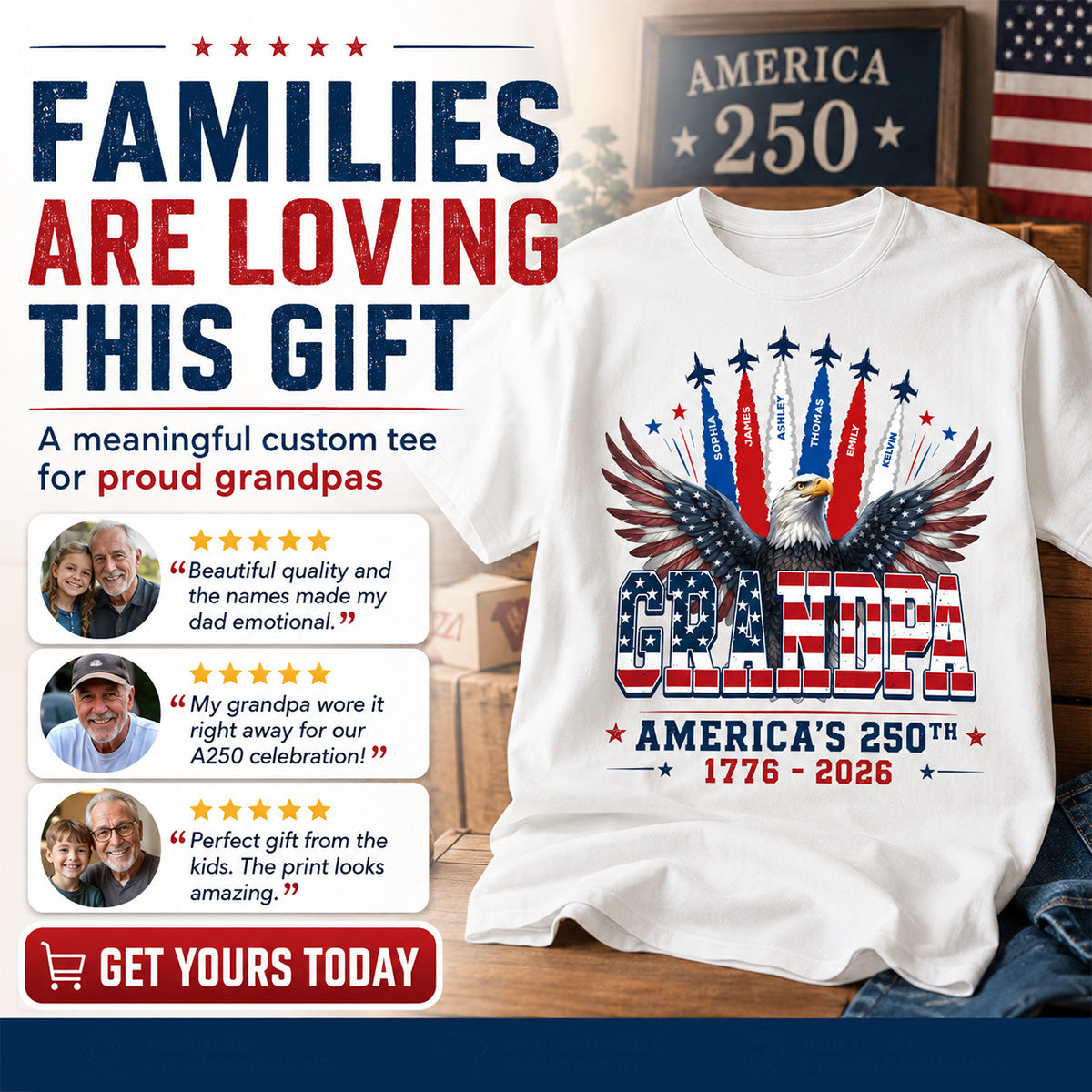 Proud Grandpa Dad Bald Eagle Jets Smoke Custom Kid Name - Personalized Shirt - American 250th Anniversary Keepsake For Husband, Dad, Grandpa