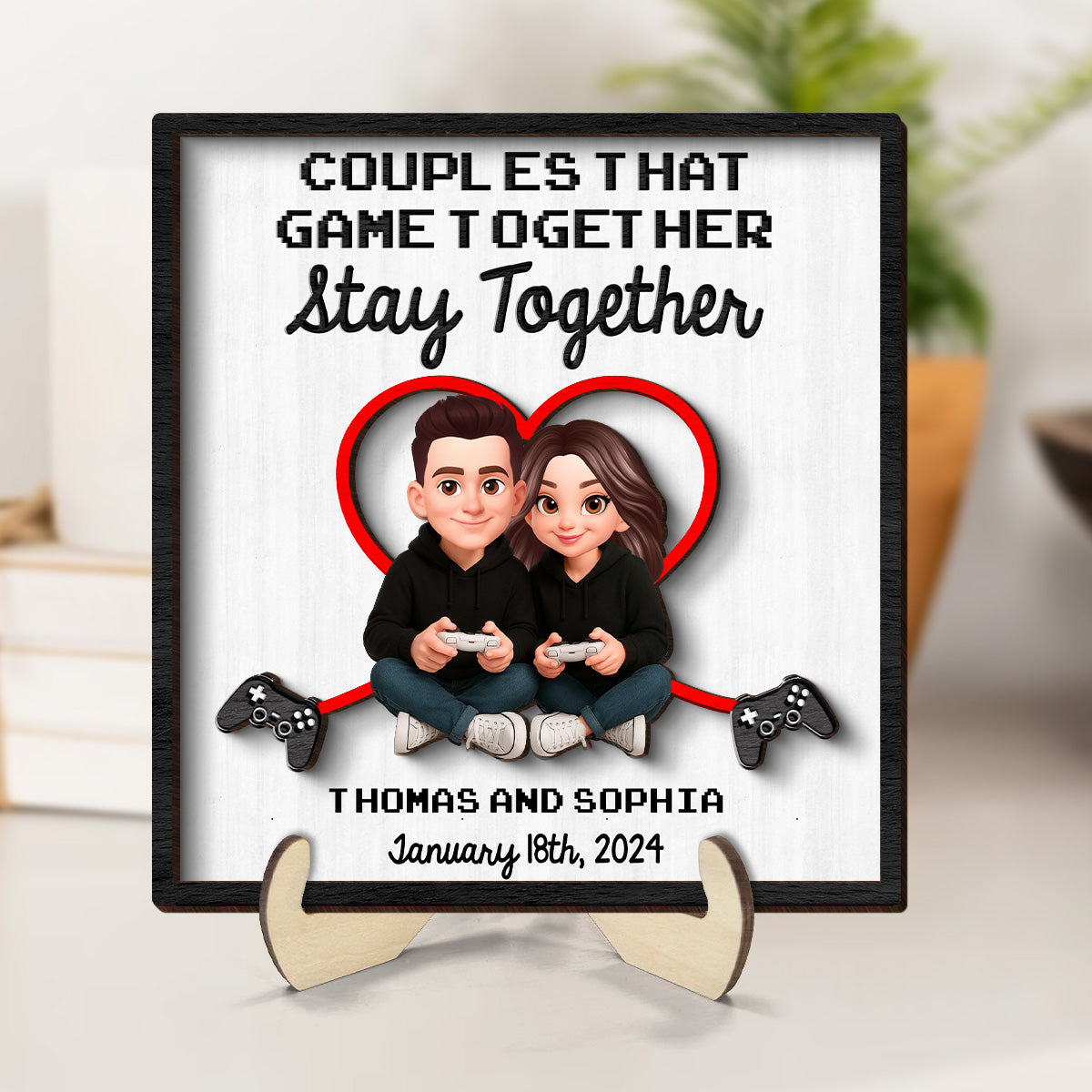 Gaming Couple Game Together Stay Together - Personalized 2-Layered Wooden Plaque - Heartfelt Valentine, Anniversary Gift For Gamers, For Him, For Her