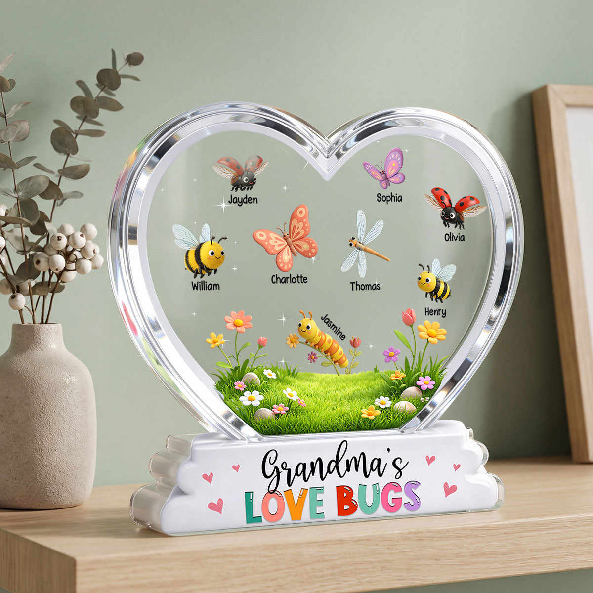 Grandma's Love Bugs Custom Grandkids Name - Personalized Acrylic Block Plaque - Mother's Day Gift For Grandma, Mom