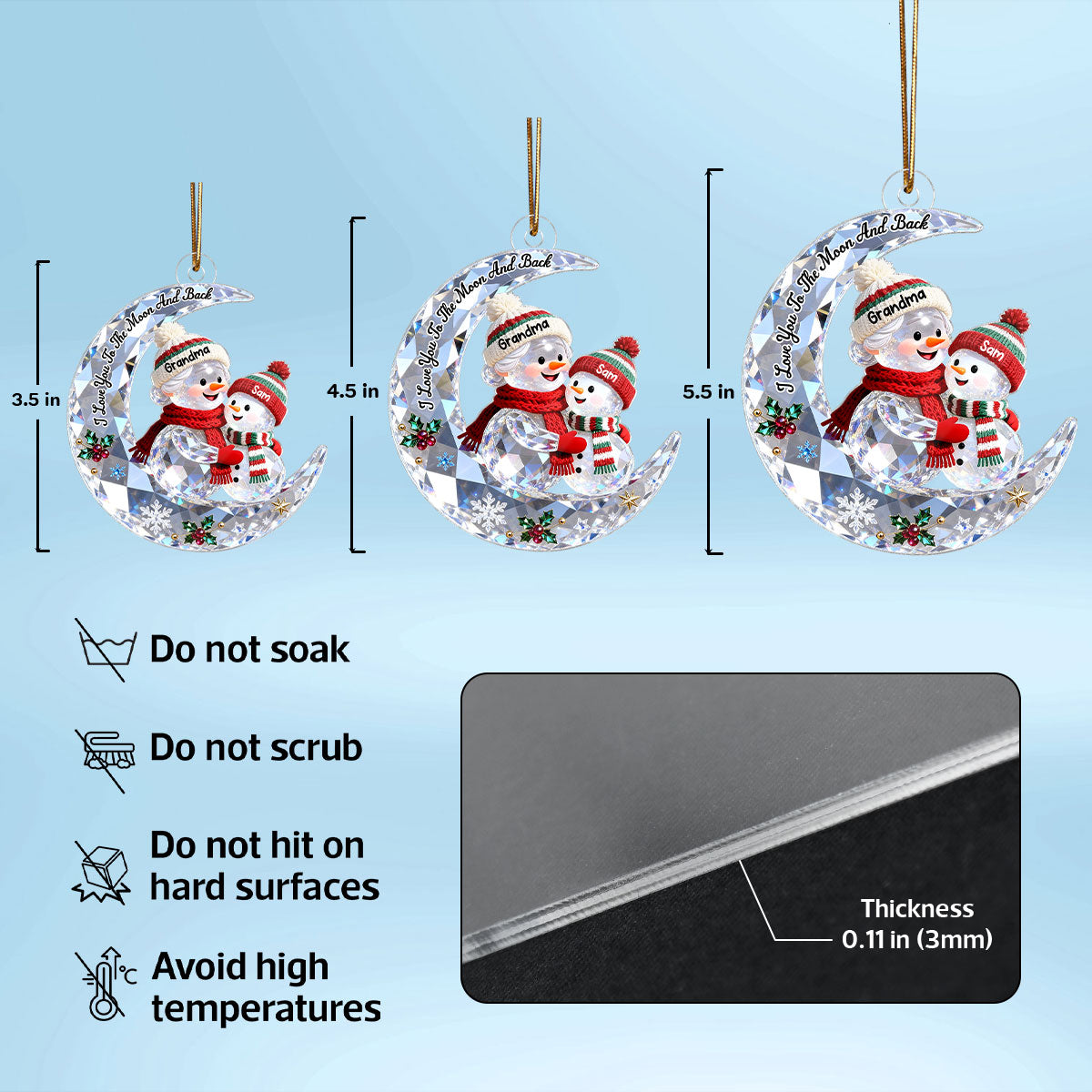 3D Shining Effect Grandma Grandkid Snowman On Moon - Personalized Acrylic Ornament - Heartwarming Gift For Granddaughter, Grandson