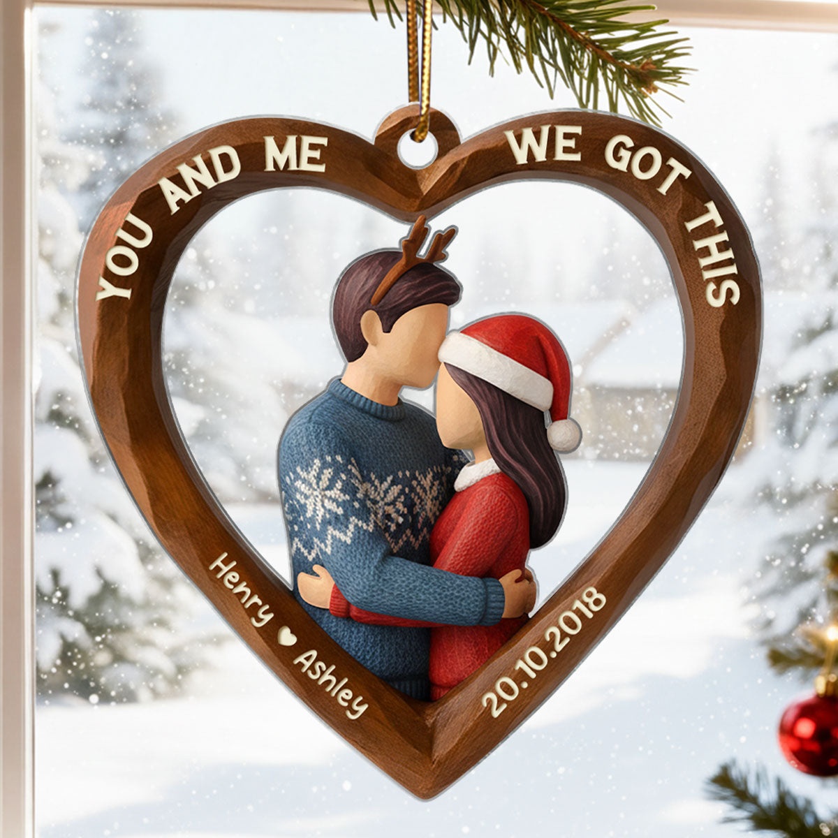 3D Effect Wooden Couple You & Me We Got This - Personalized Acrylic Ornament - Christmas Gift for Couples