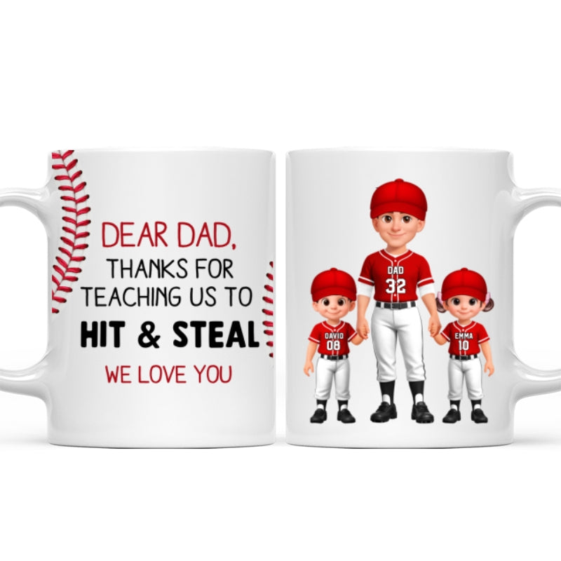 Thank You For Teaching Us To Hit & Steal Baseball Dad & Kids Standing - Personalized Mug - Father's Day Gift For Dad, Husband