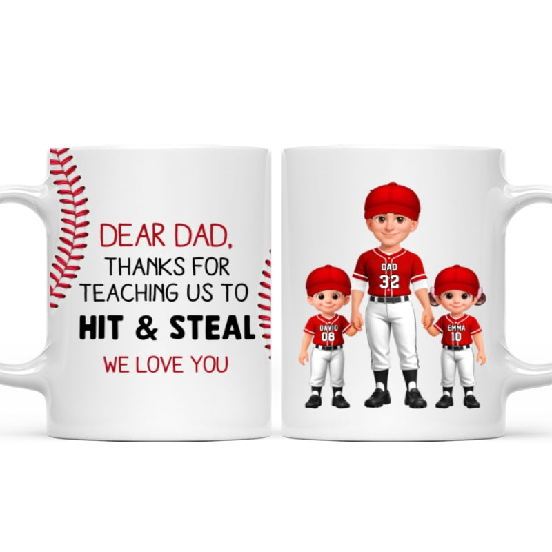 Thank You For Teaching Us To Hit & Steal Baseball Dad & Kids Standing - Personalized Mug - Father's Day Gift For Dad, Husband